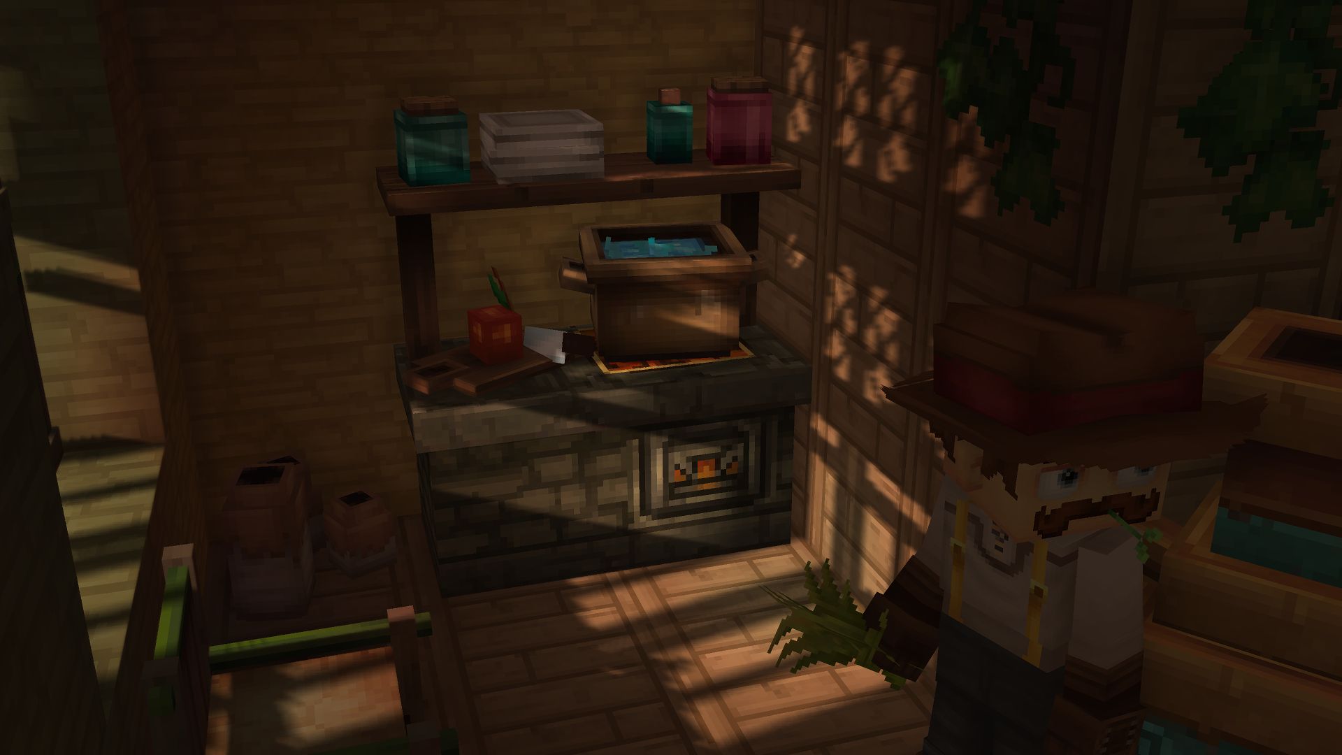 A Hytale interior with a crafting station, storage and warm lighting
